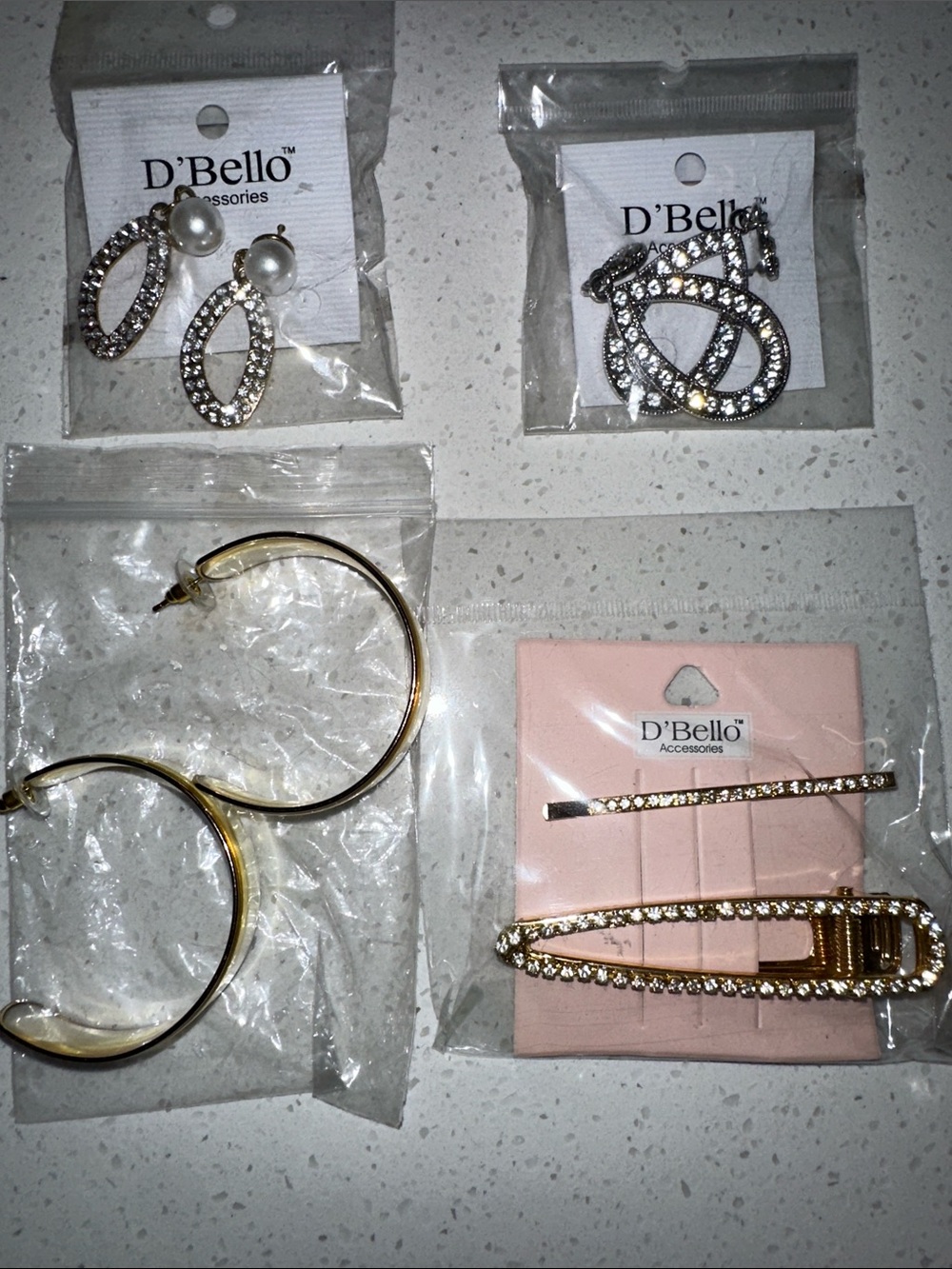 Gold and Crystal Women's Costume Jewelry Set - Gold Hoop Earrings & Hair Clips